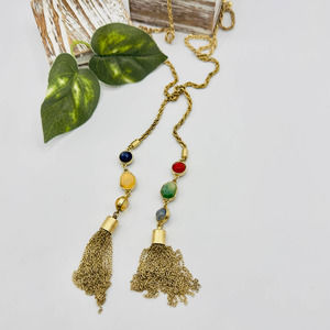 Vintage Gold Tone Open Chain Beaded Tassel Long Necklace